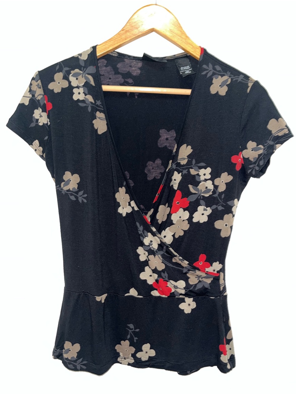 2pc Skirt Set - Floral Wrap-Front Top w/matching Skirt - Black, Red & Beige
